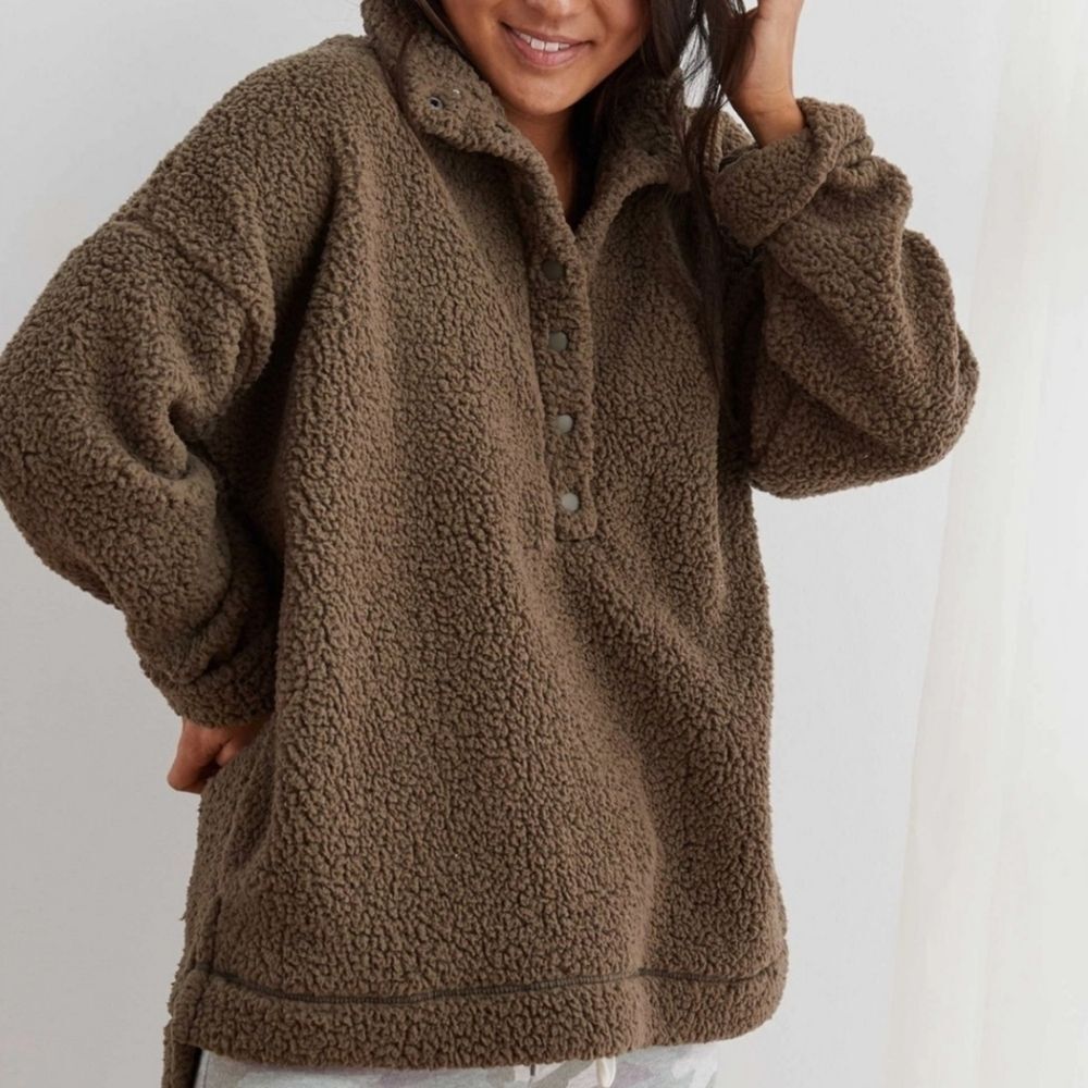 Aerie Oversized Sherpa Pullover Loungewear Cozy Olive Green Size Small